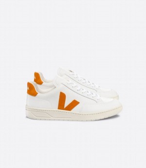 Χαμηλα Sneakers γυναικεια Veja V-12 δερματινα Pumpkin ασπρα πορτοκαλι | UBT6132KO