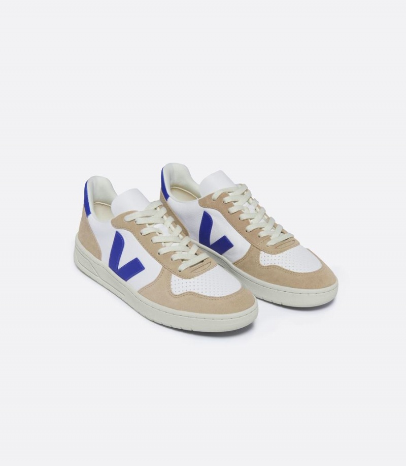 Χαμηλα Sneakers γυναικεια Veja V-10 Chromefree δερματινα ασπρα καφε μπλε | DRH7199WX