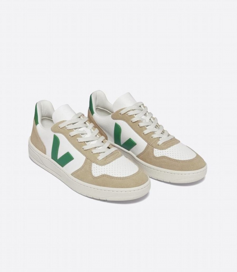 Χαμηλα Sneakers ανδρικα Veja V-10 Chromefree δερματινα ασπρα καφε πρασινο | DUD4687GM