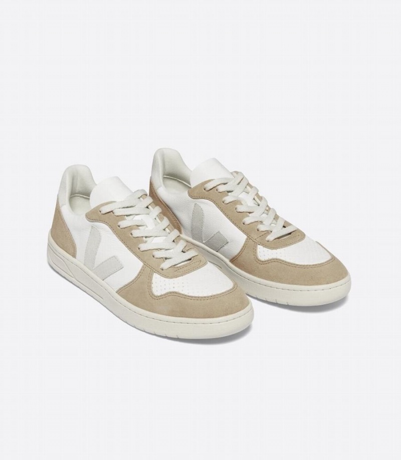 Χαμηλα Sneakers ανδρικα Veja V-10 Chromefree δερματινα ασπρα καφε γκρι | MEZ805PT