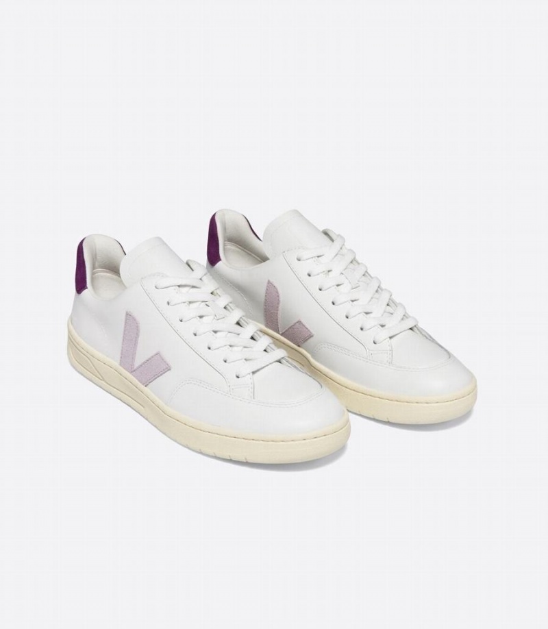 Χαμηλα Sneakers γυναικεια Veja V-12 δερματινα Parme Magenta ασπρα μωβ | FZM2932MG