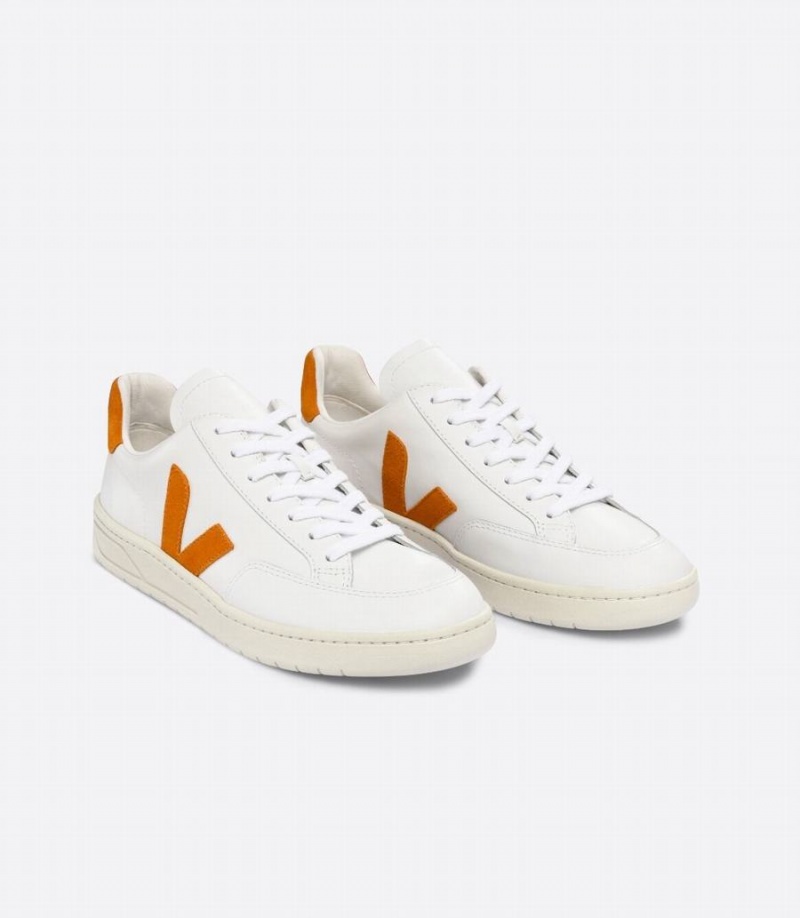 Χαμηλα Sneakers γυναικεια Veja V-12 δερματινα Pumpkin ασπρα πορτοκαλι | UBT6132KO