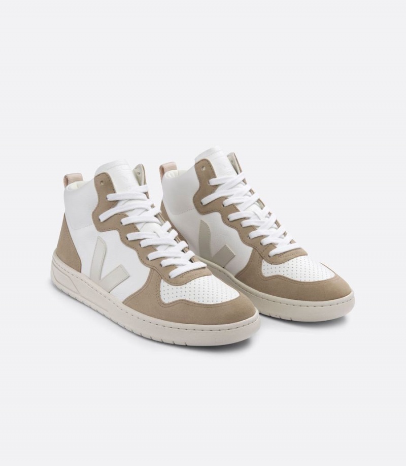 Ψηλα Sneakers ανδρικα Veja V-15 Chromefree δερματινα ασπρα καφε | GAF641ZM